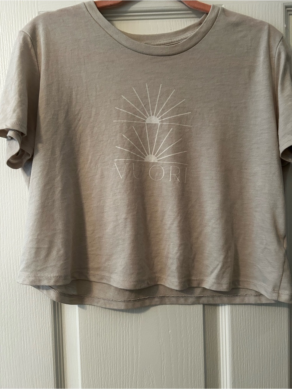 Vuori Short Sleeve Tee in Light Taupe with White Logo